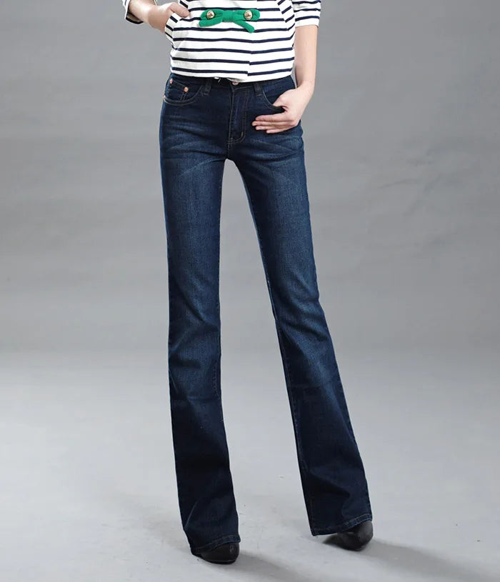 Promotion Women Autumn Bell Bottom Jeans Boot Cut Pants Office Lady Mid Waist Long Flares Trousers Size 26-38