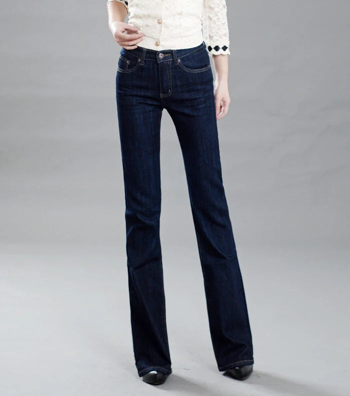 Promotion Women Autumn Bell Bottom Jeans Boot Cut Pants Office Lady Mid Waist Long Flares Trousers Size 26-38