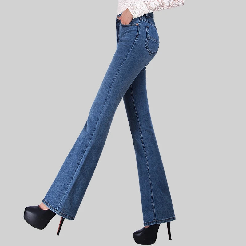 Promotion Women Autumn Bell Bottom Jeans Boot Cut Pants Office Lady Mid Waist Long Flares Trousers Size 26-38