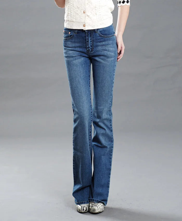 Promotion Women Autumn Bell Bottom Jeans Boot Cut Pants Office Lady Mid Waist Long Flares Trousers Size 26-38