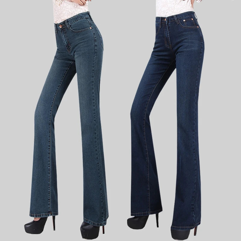 Promotion Women Autumn Bell Bottom Jeans Boot Cut Pants Office Lady Mid Waist Long Flares Trousers Size 26-38