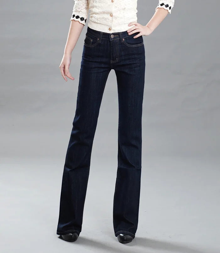 Promotion Women Autumn Bell Bottom Jeans Boot Cut Pants Office Lady Mid Waist Long Flares Trousers Size 26-38