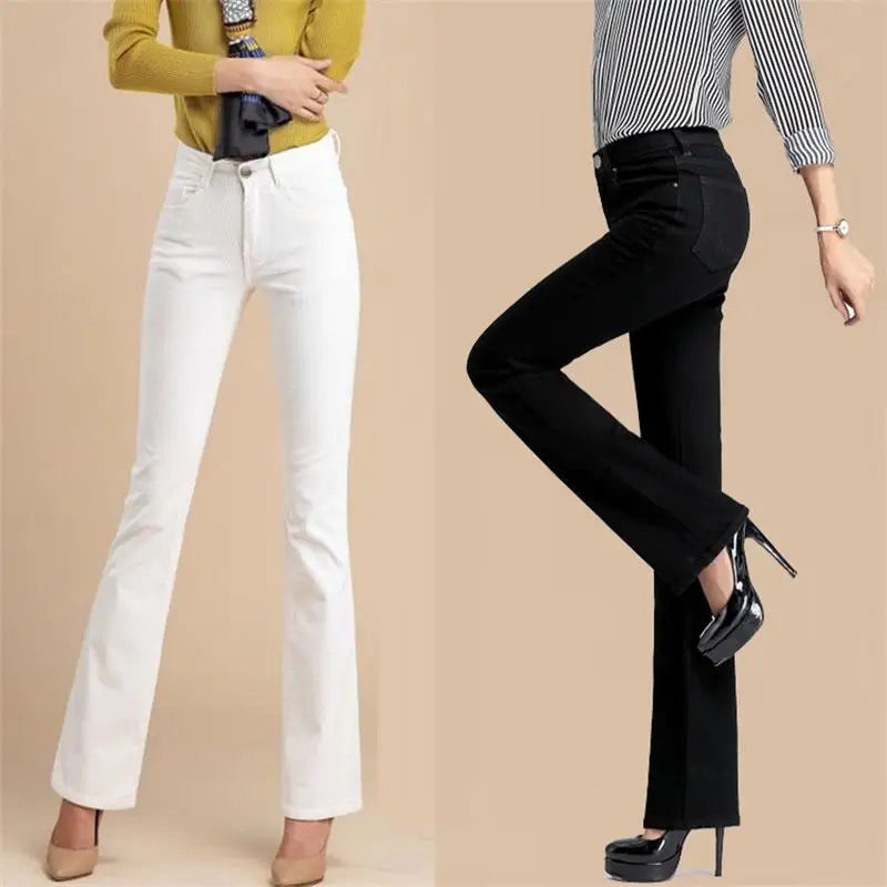 Promotion Women Autumn Bell Bottom Jeans Boot Cut Pants Office Lady Mid Waist Long Flares Trousers Size 26-38