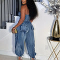 Women's Denim Jumpsuit Regular Structure Stitching Design Sleeveless One-shoulder Harem Pants Jeans Denim Trousers Pockets Butto