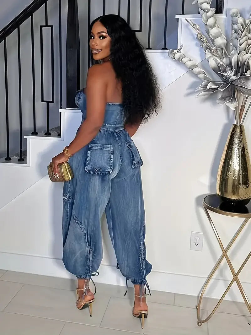 Women's Denim Jumpsuit Regular Structure Stitching Design Sleeveless One-shoulder Harem Pants Jeans Denim Trousers Pockets Butto