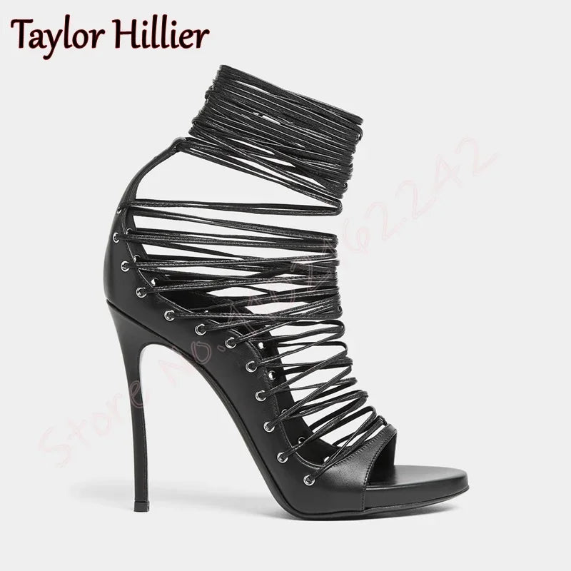 Black Cross Strap High Heels Open Toe Round Head Stiletto Sandals Elegant Nightclub Party Dinner High Heels Female Gladiator 46