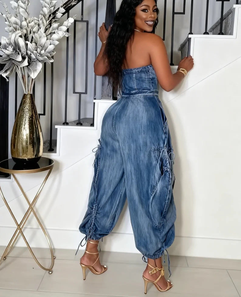 Women's Denim Jumpsuit Regular Structure Stitching Design Sleeveless One-shoulder Harem Pants Jeans Denim Trousers Pockets Butto
