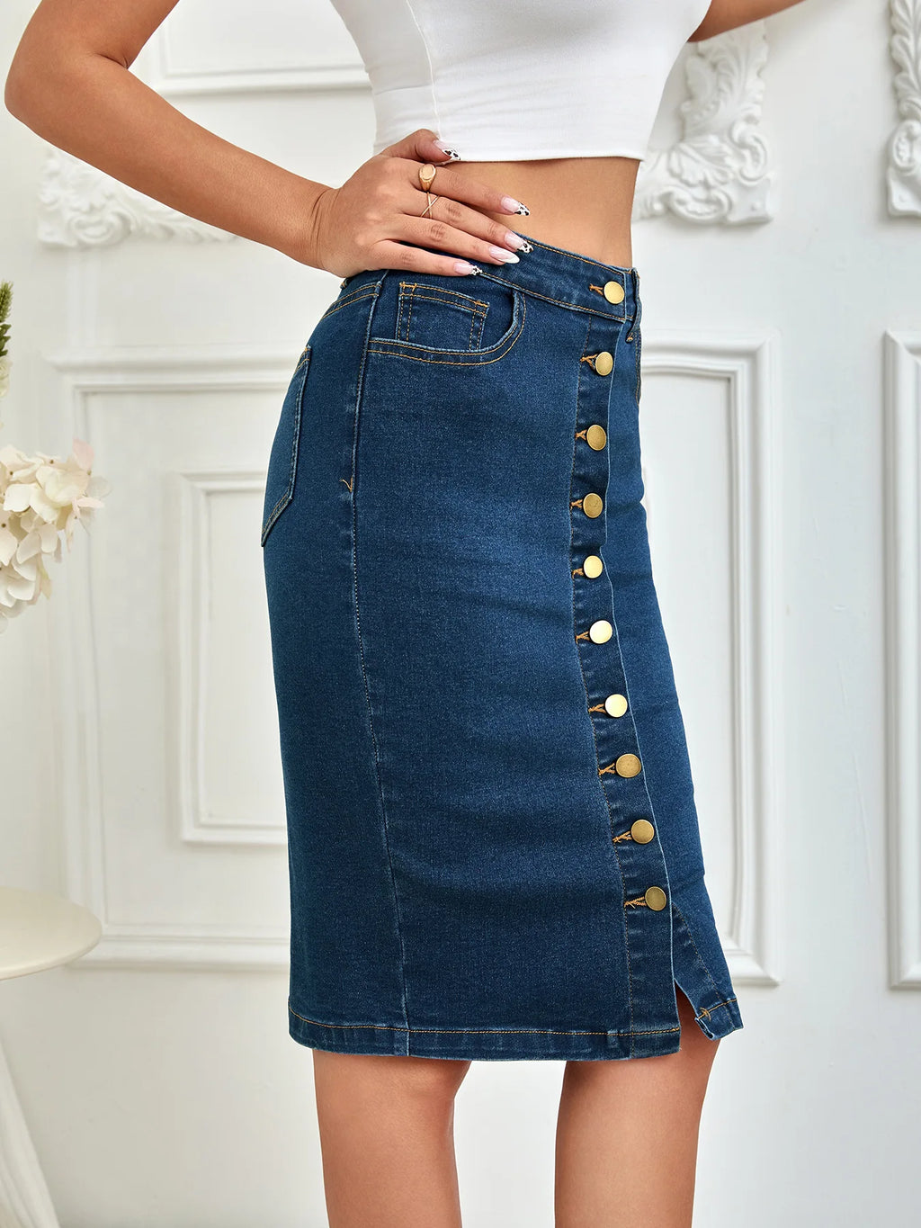 2025 Spring New Women's Summer Front Multi-Button Denim Skirt Fashion Elastic Knee Length Slim Hip-hugging Jeans Pencil Skirt