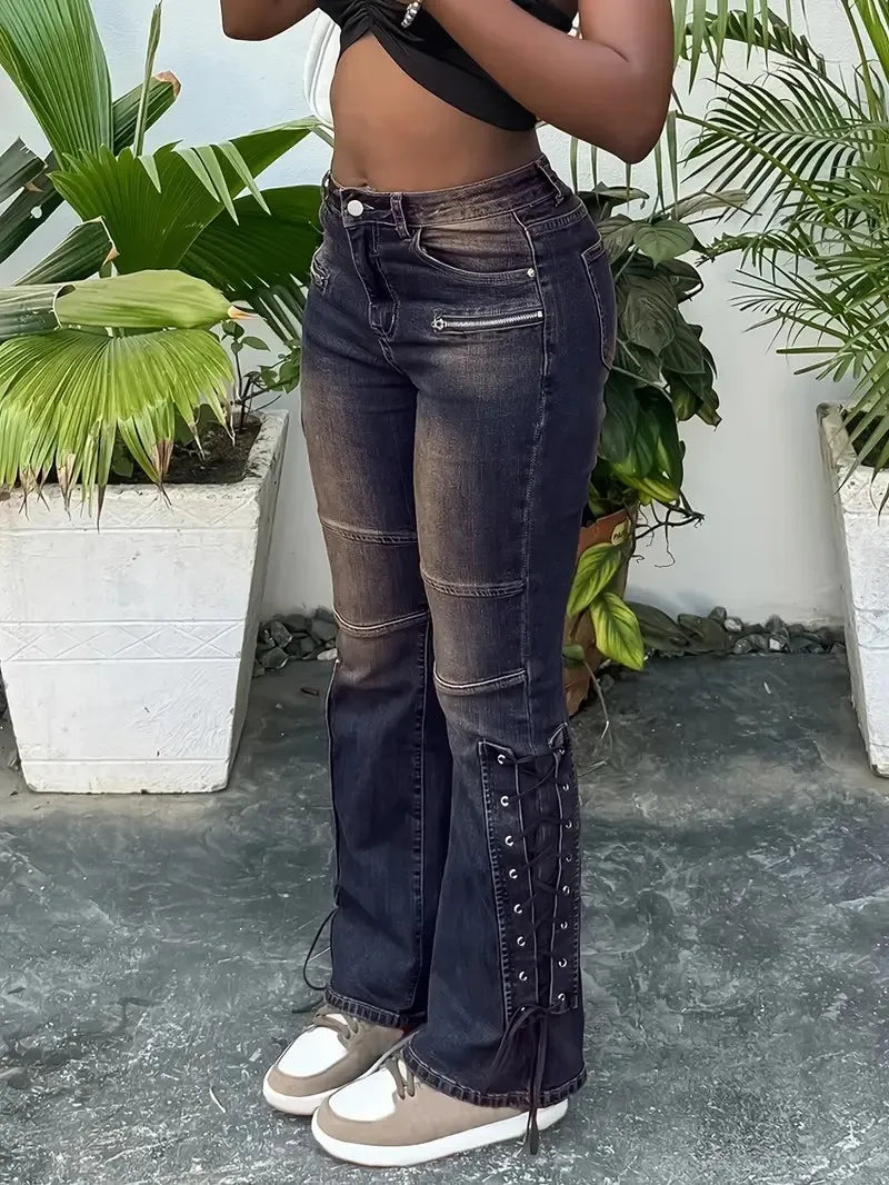 Women's fashionable casual washing dark blue metal air eye rope zipper decoration craftsmanship slim hip-pop flare jeans