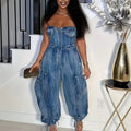 Women's Denim Jumpsuit Regular Structure Stitching Design Sleeveless One-shoulder Harem Pants Jeans Denim Trousers Pockets Butto