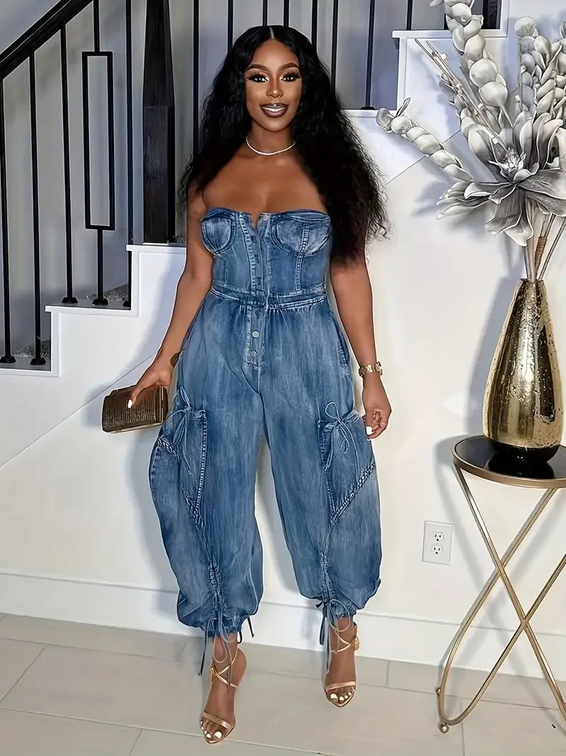 Women's Denim Jumpsuit Regular Structure Stitching Design Sleeveless One-shoulder Harem Pants Jeans Denim Trousers Pockets Butto