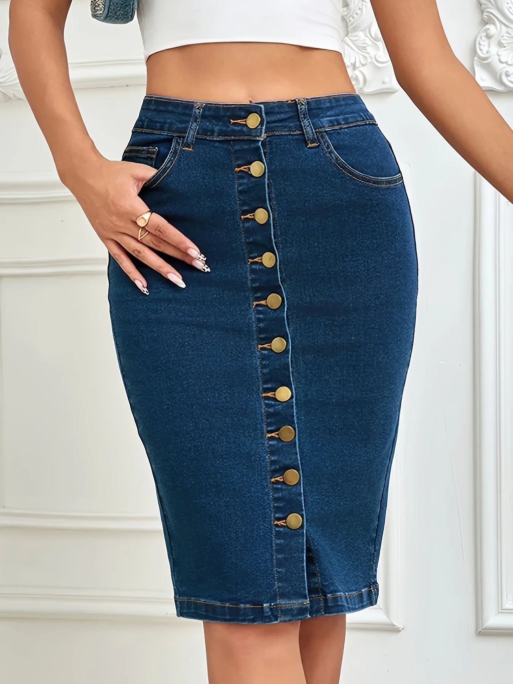 2025 Spring New Women's Summer Front Multi-Button Denim Skirt Fashion Elastic Knee Length Slim Hip-hugging Jeans Pencil Skirt