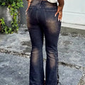 Women's fashionable casual washing dark blue metal air eye rope zipper decoration craftsmanship slim hip-pop flare jeans