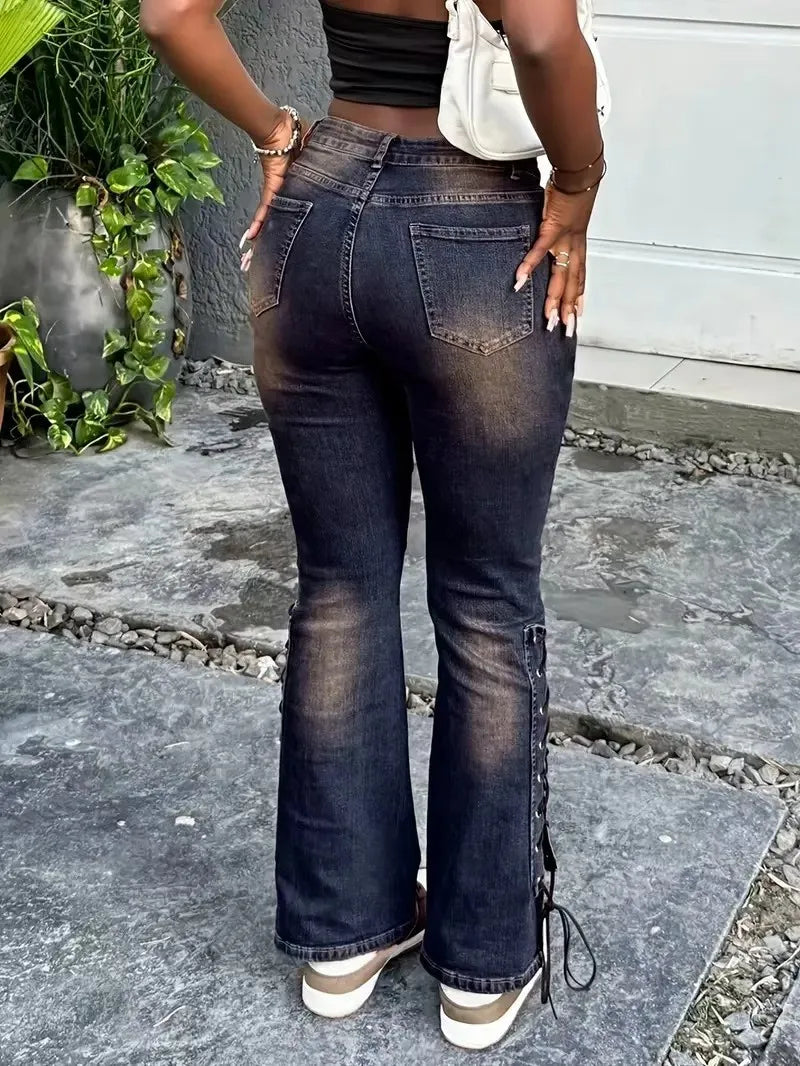 Women's fashionable casual washing dark blue metal air eye rope zipper decoration craftsmanship slim hip-pop flare jeans