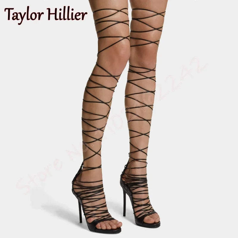 Black Cross Strap High Heels Open Toe Round Head Stiletto Sandals Elegant Nightclub Party Dinner High Heels Female Gladiator 46
