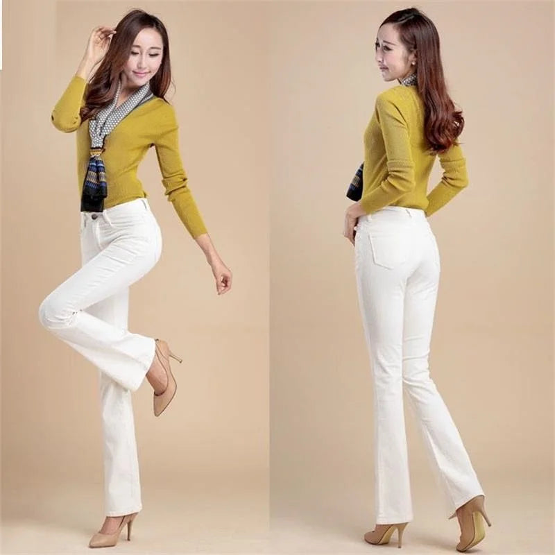 Promotion Women Autumn Bell Bottom Jeans Boot Cut Pants Office Lady Mid Waist Long Flares Trousers Size 26-38