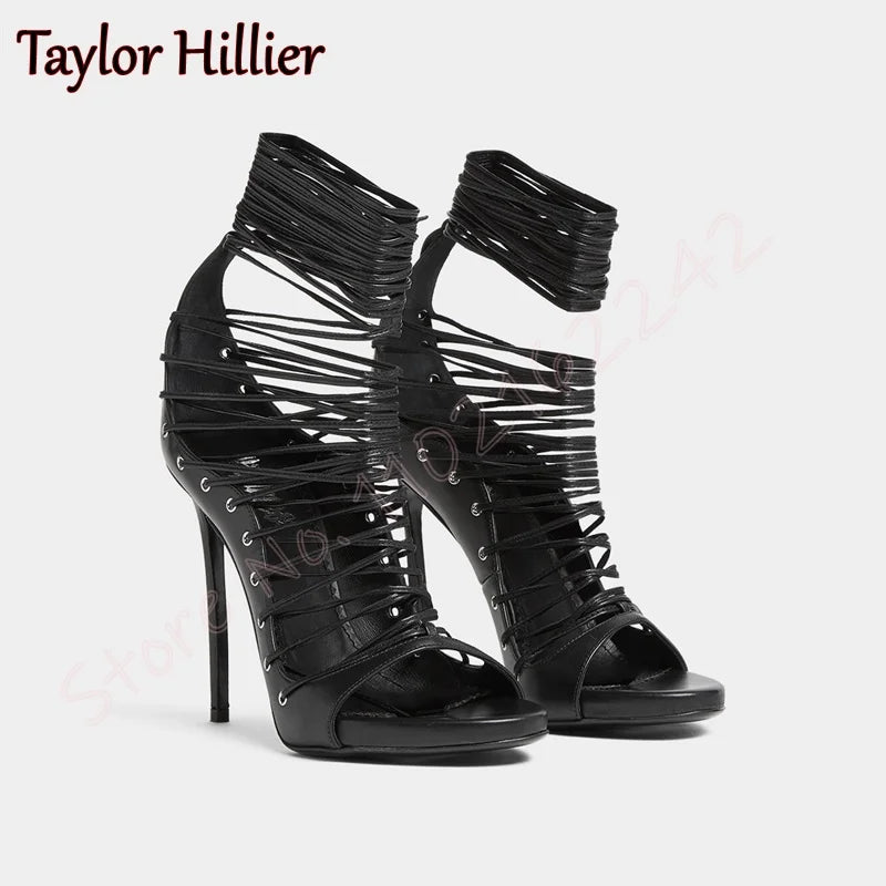 Black Cross Strap High Heels Open Toe Round Head Stiletto Sandals Elegant Nightclub Party Dinner High Heels Female Gladiator 46