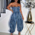 Women's Denim Jumpsuit Regular Structure Stitching Design Sleeveless One-shoulder Harem Pants Jeans Denim Trousers Pockets Butto
