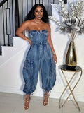Women's Denim Jumpsuit Regular Structure Stitching Design Sleeveless One-shoulder Harem Pants Jeans Denim Trousers Pockets Butto