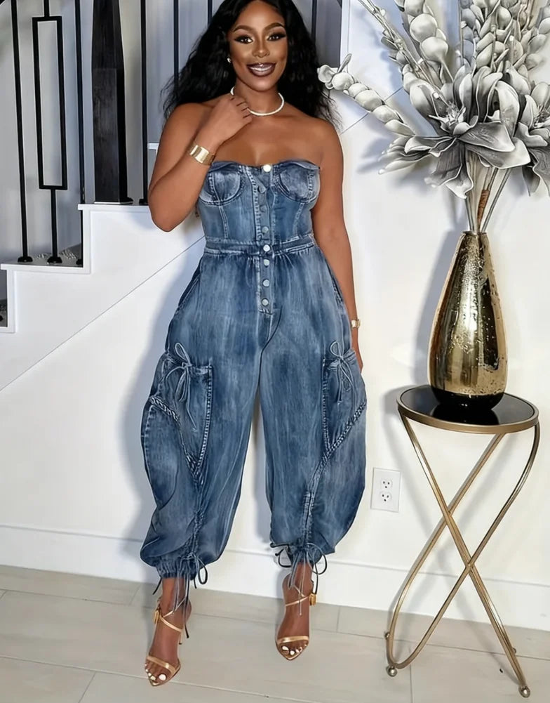 Women's Denim Jumpsuit Regular Structure Stitching Design Sleeveless One-shoulder Harem Pants Jeans Denim Trousers Pockets Butto
