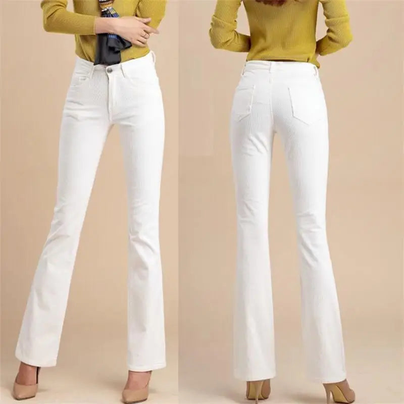 Promotion Women Autumn Bell Bottom Jeans Boot Cut Pants Office Lady Mid Waist Long Flares Trousers Size 26-38