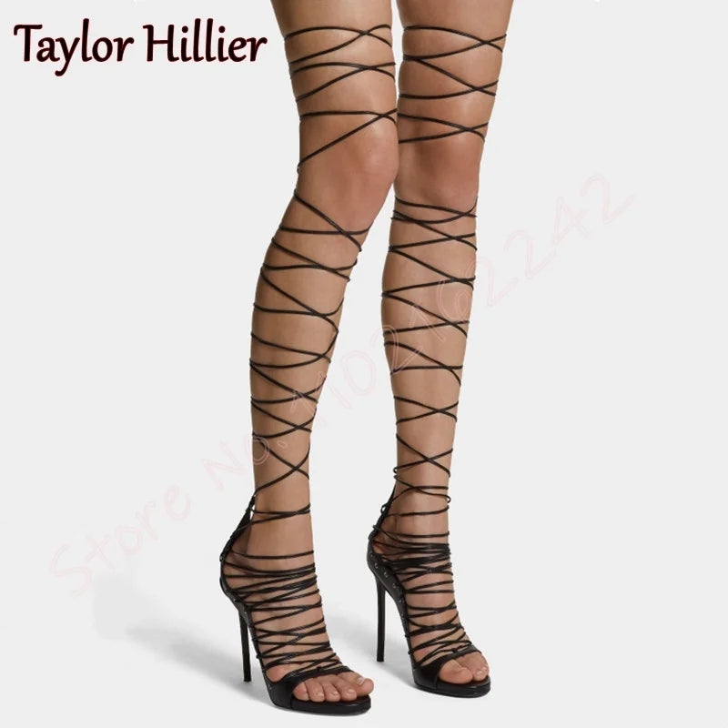 Black Cross Strap High Heels Open Toe Round Head Stiletto Sandals Elegant Nightclub Party Dinner High Heels Female Gladiator 46
