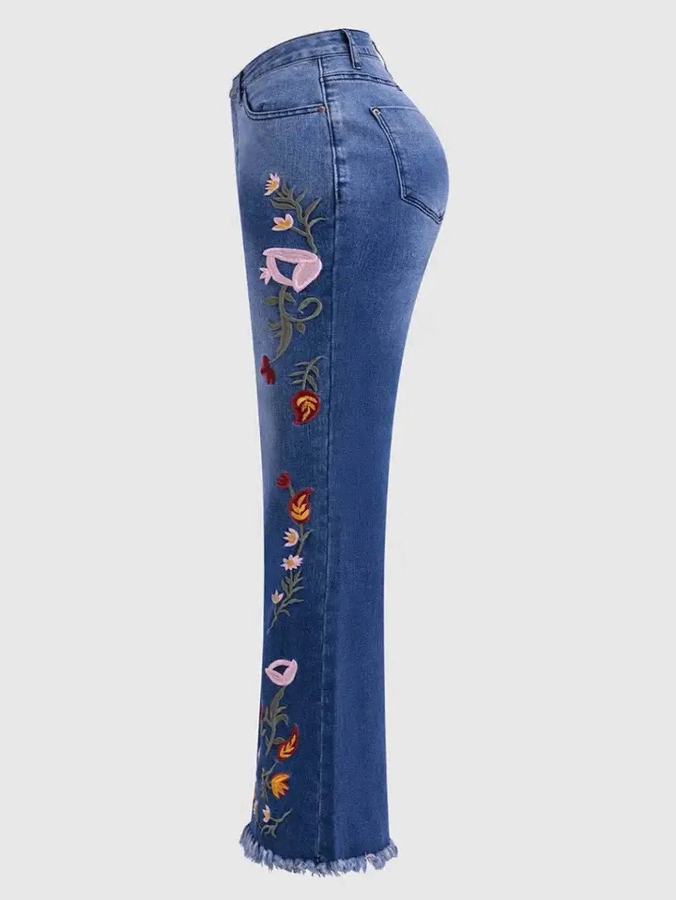 Women's High-Waisted Stretch Floral-Print Slim-Fit Denim Flare Pants, with Raw-Edge Hem and Vintage Washed Denim Finish, Sui