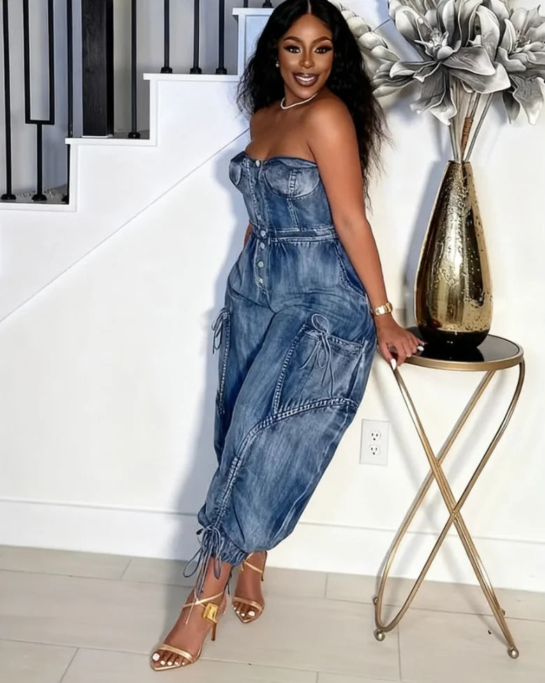 Women's Denim Jumpsuit Regular Structure Stitching Design Sleeveless One-shoulder Harem Pants Jeans Denim Trousers Pockets Butto