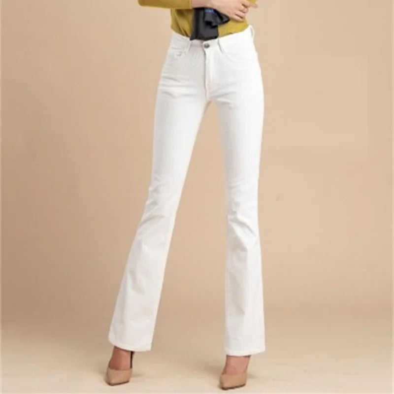 Promotion Women Autumn Bell Bottom Jeans Boot Cut Pants Office Lady Mid Waist Long Flares Trousers Size 26-38