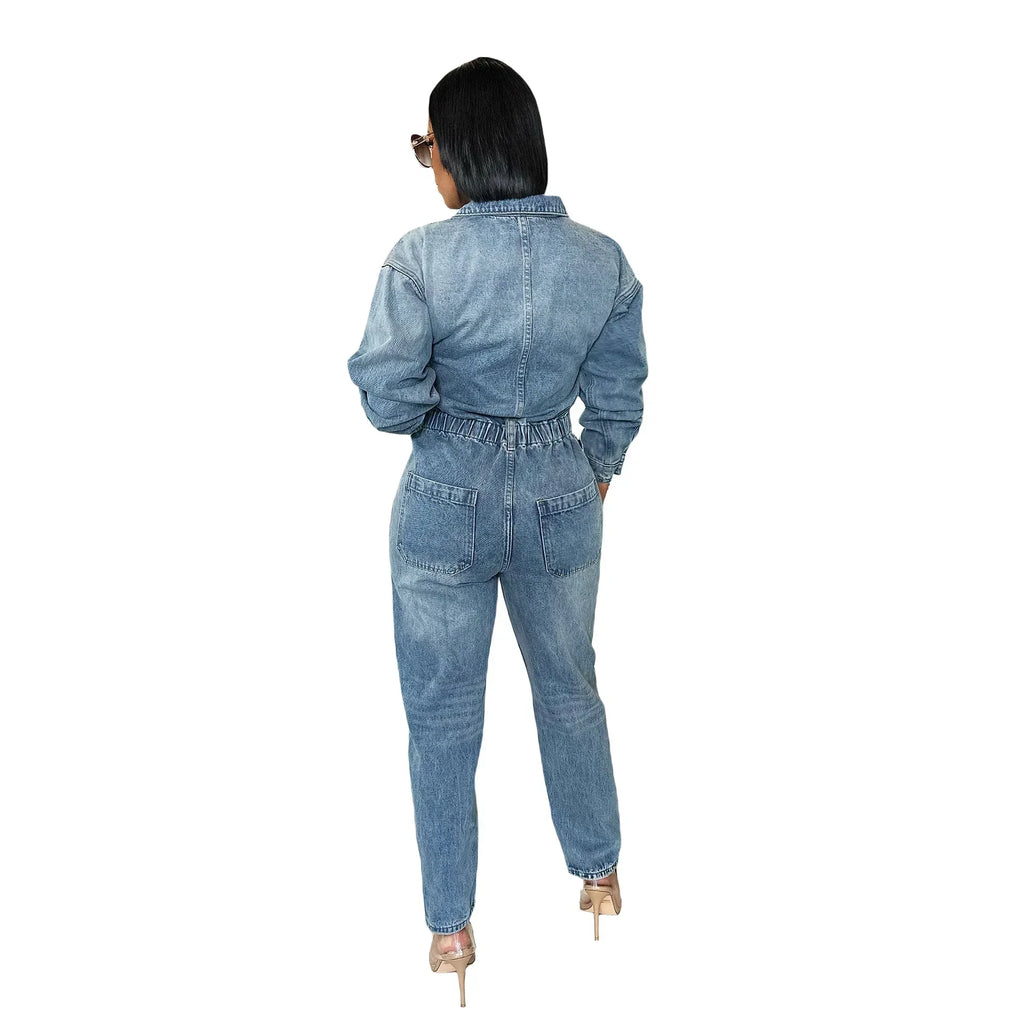 Women Jeans Long Sleeve Single Breasted Overalls Ankle Length Pencil Pants Denim Pockets High Street Solid Button Jumpsuits