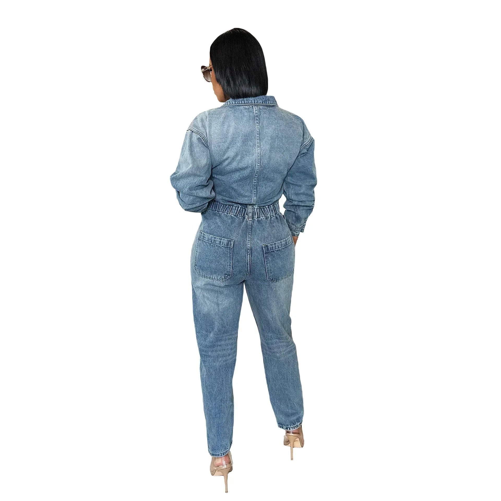 Women Jeans Long Sleeve Single Breasted Overalls Ankle Length Pencil Pants Denim Pockets High Street Solid Button Jumpsuits