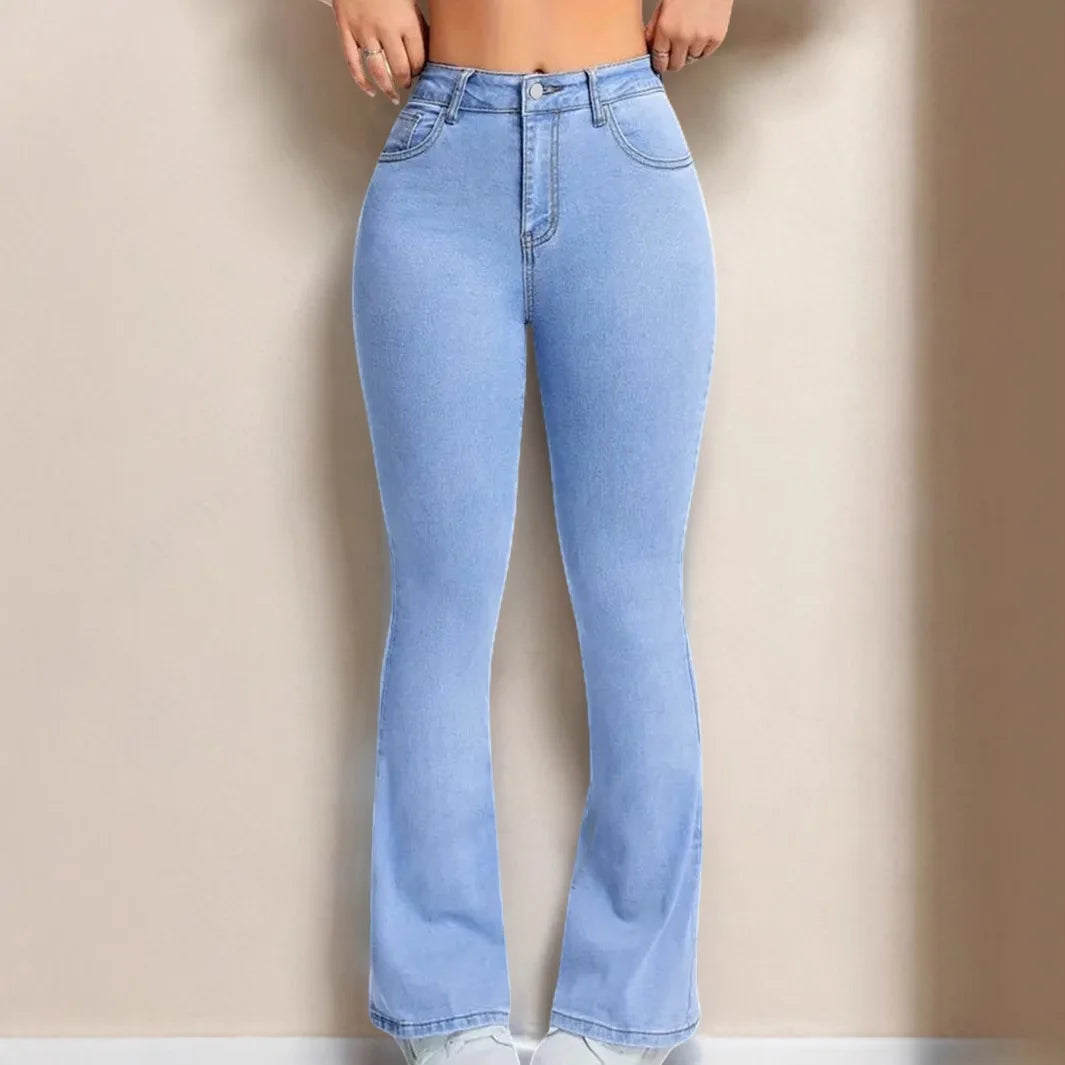 Washed Vintage Slimming Micro-flared Jeans. Four Seasons New Fashionable,Simple High-waisted Casual Floor-length Jeans for Women