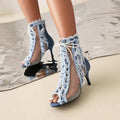 Brushed Fringes Denim Jeans Punk Gothic Lace-up Summer Women Boots Peep Toe Thin High Heels Blue Stiletto Boots Sandals