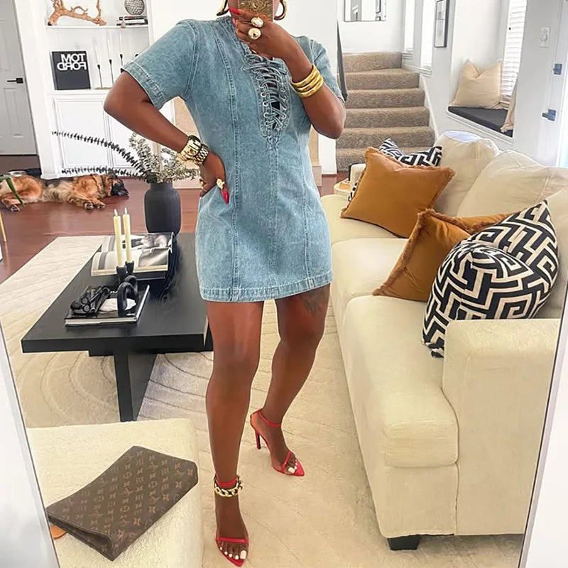 Benuynffy Vintage Front Lace Up Denim Dress Women's Summer 2025 Street Fashion Short Sleeve Washed Matching Mini Jean Dresses