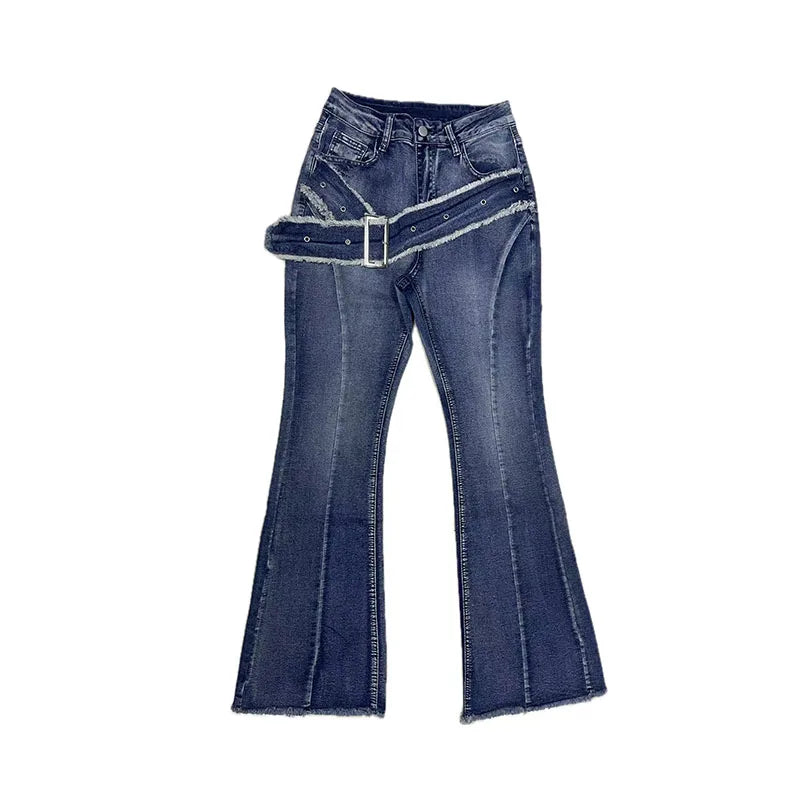 2026 Spring Women's Y2K Jeans Vintage Wash Blue Flared Pants Belt-Detail Slim Fit Extra Long Raw Hem