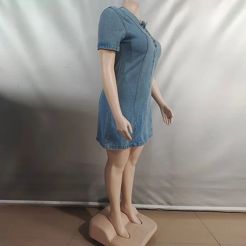 Benuynffy Vintage Front Lace Up Denim Dress Women's Summer 2025 Street Fashion Short Sleeve Washed Matching Mini Jean Dresses