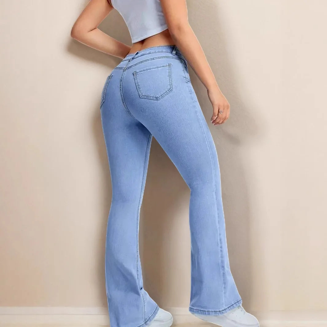Washed Vintage Slimming Micro-flared Jeans. Four Seasons New Fashionable,Simple High-waisted Casual Floor-length Jeans for Women
