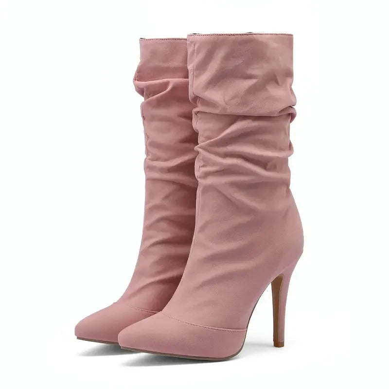 Jeans Denim Flock Material Pointed Toe Sexy Stilettos Pink Nude Color Super Thin High Heels Mid-calf Pleated Design Women Boots