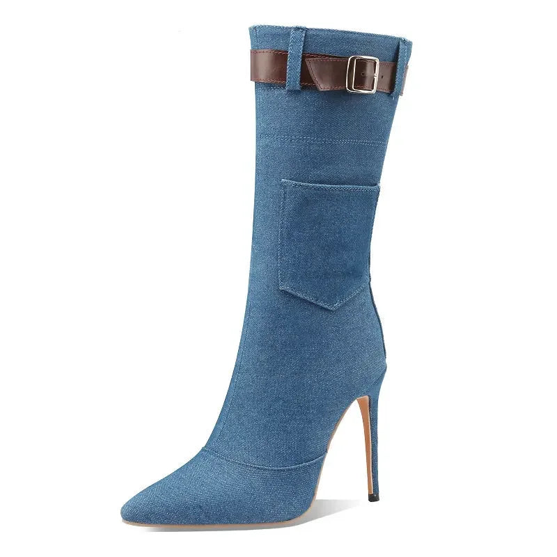 Sexy Denim Jeans Blue Black Color Pointed Toe Women Shoes Buckle Belt Thin High Heels Stiletto Mid-calf Boots