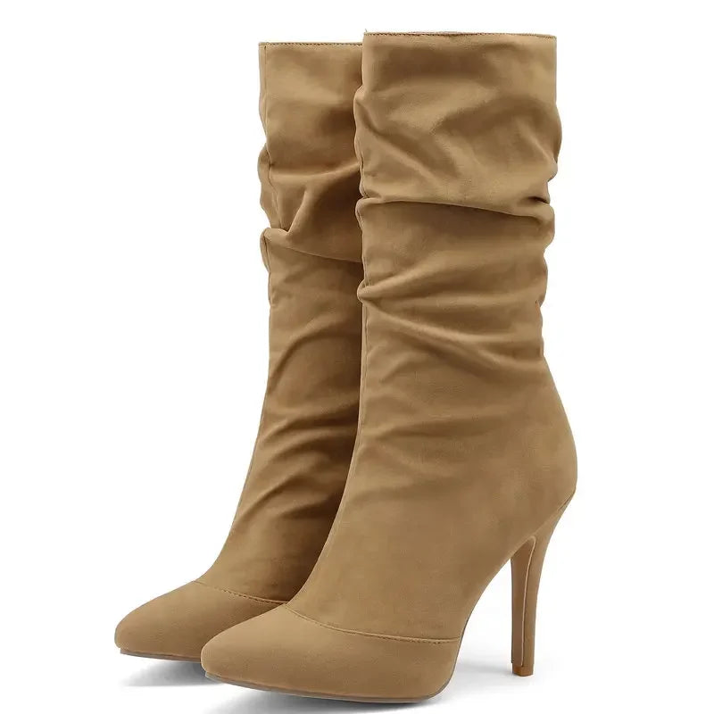 Jeans Denim Flock Material Pointed Toe Sexy Stilettos Pink Nude Color Super Thin High Heels Mid-calf Pleated Design Women Boots