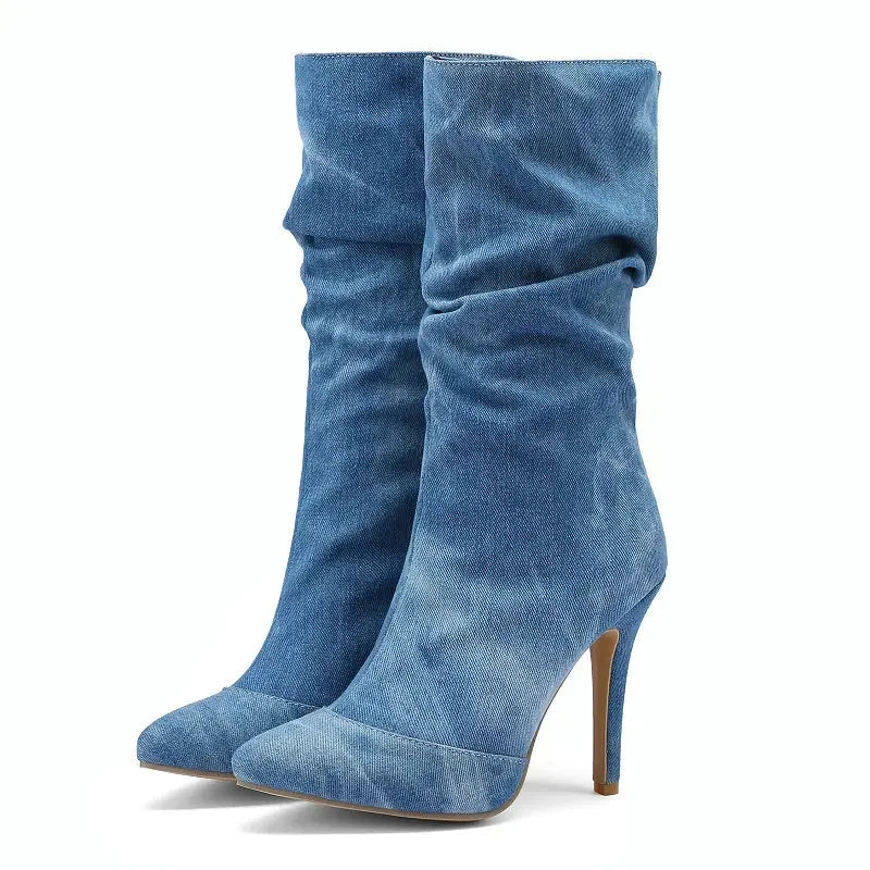 Jeans Denim Flock Material Pointed Toe Sexy Stilettos Pink Nude Color Super Thin High Heels Mid-calf Pleated Design Women Boots