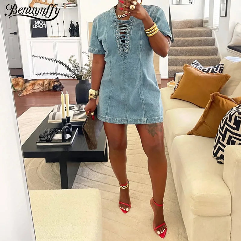 Benuynffy Vintage Front Lace Up Denim Dress Women's Summer 2025 Street Fashion Short Sleeve Washed Matching Mini Jean Dresses