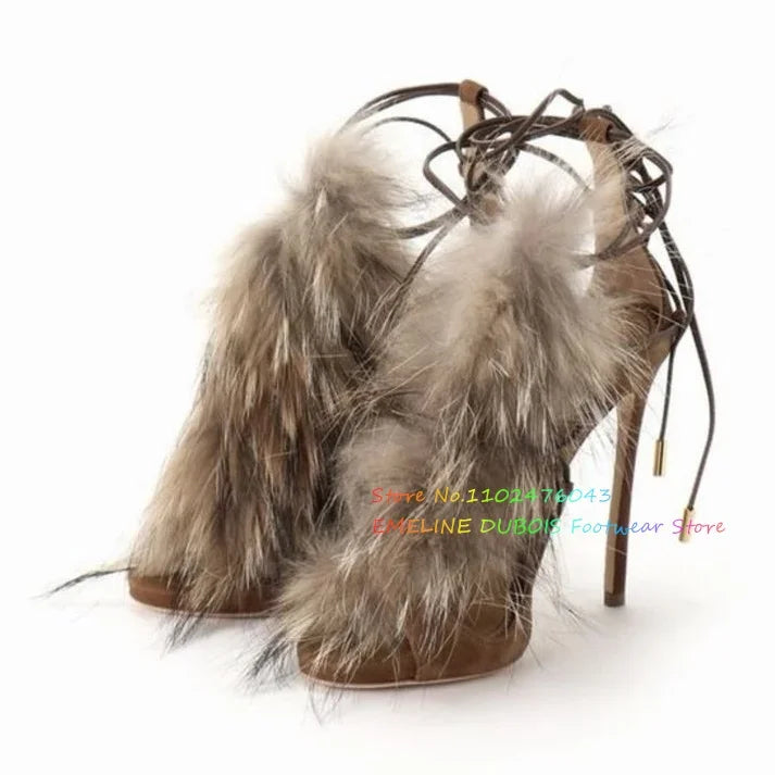 Fur Decor High Heel Ankle Boot Women Sexy Peep Toe Suede Stiletto Heel Lace Up Elegant Party Dress Sandals Ladies Summer Shoes