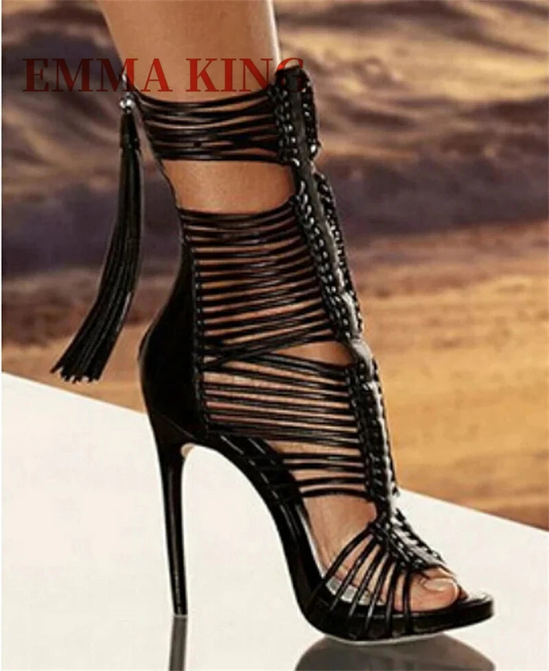Women Open Toe Straps Ankle Wrap Gladiator Boots Black White High Heel Cut-out Tassels Boots Dress Shoes 35-44