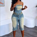 European and American Women's Denim Suits. Summer's New Fashionable Fringed Strapless Top and High-waisted Short Jeans for Women