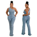 Demin Overalls Women Jumpsuits One Shoulder Mom Jeans Bodycon Long Pants Flare Pant High Waist Streetwear Y2k Slim Fit Rompers