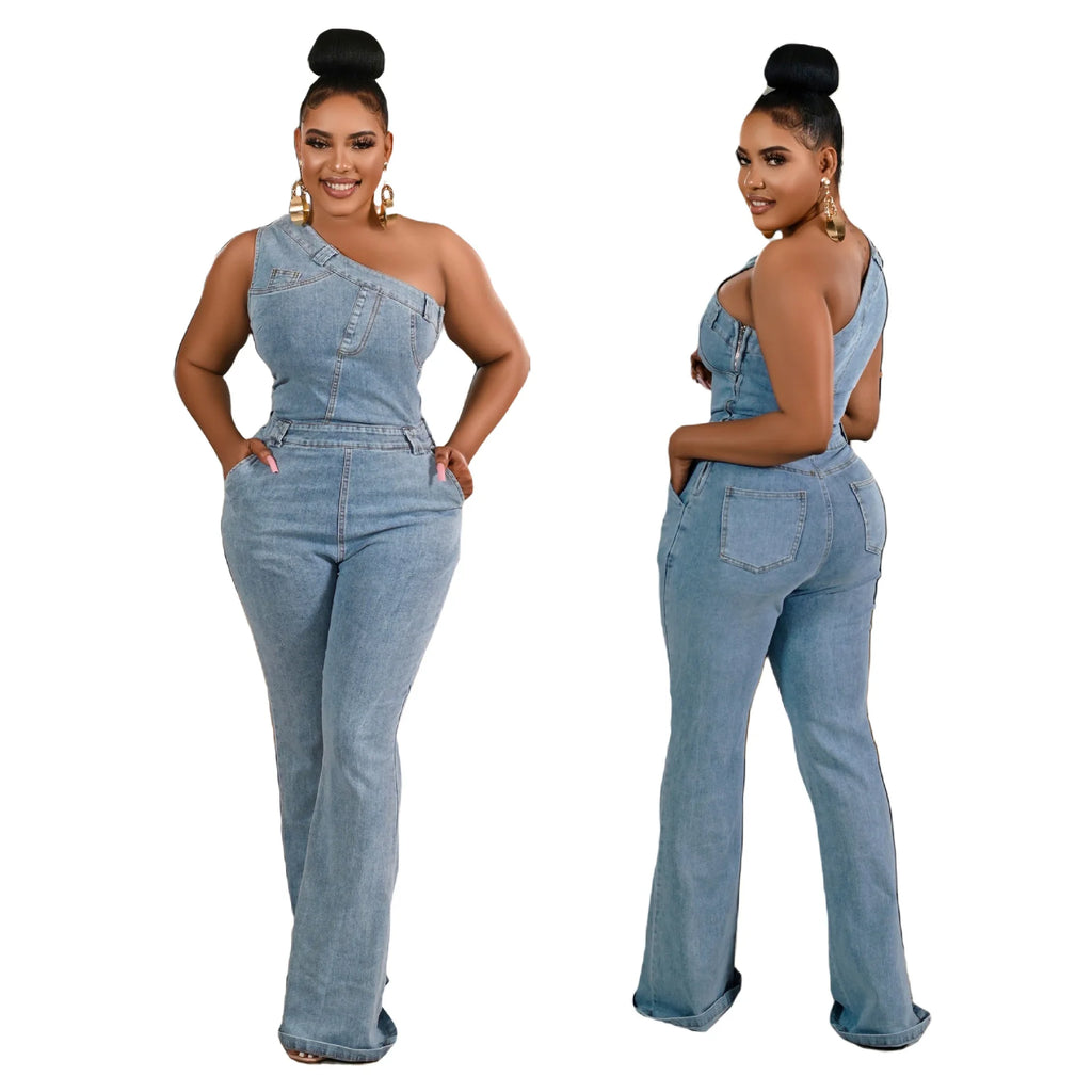 Demin Overalls Women Jumpsuits One Shoulder Mom Jeans Bodycon Long Pants Flare Pant High Waist Streetwear Y2k Slim Fit Rompers