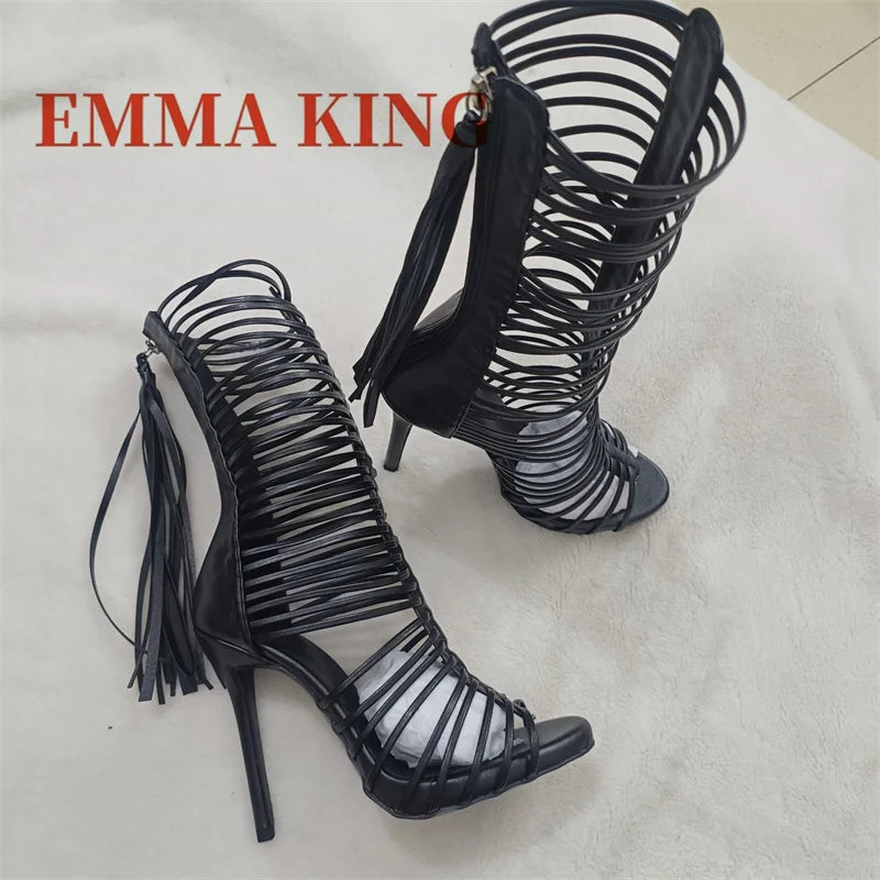 Women Open Toe Straps Ankle Wrap Gladiator Boots Black White High Heel Cut-out Tassels Boots Dress Shoes 35-44