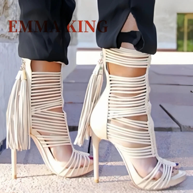 Women Open Toe Straps Ankle Wrap Gladiator Boots Black White High Heel Cut-out Tassels Boots Dress Shoes 35-44
