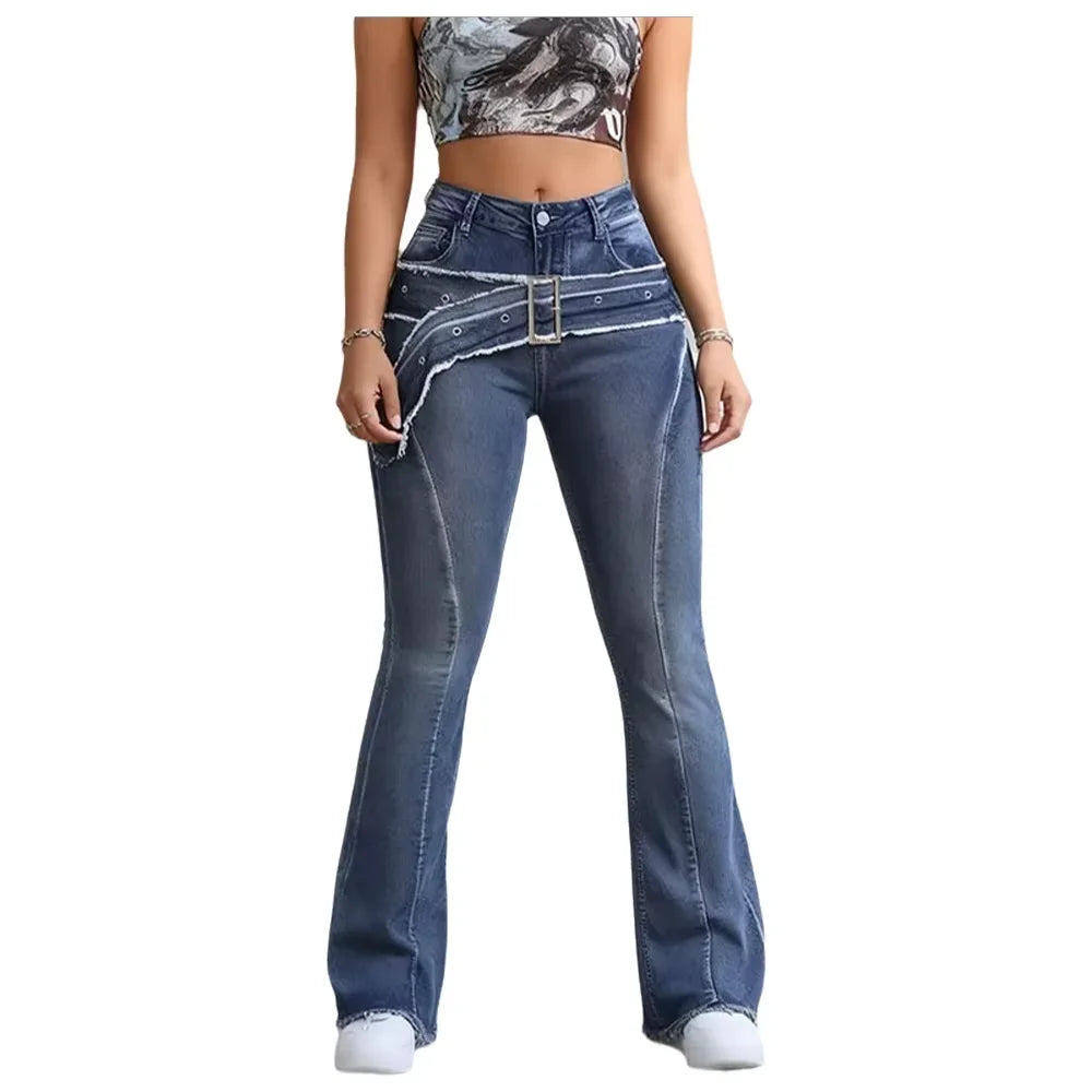 2026 Spring Women's Y2K Jeans Vintage Wash Blue Flared Pants Belt-Detail Slim Fit Extra Long Raw Hem
